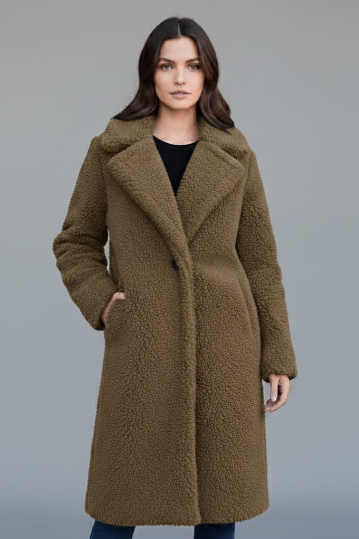 Women’s Long Coat with Lapel Collar and Textured Finish