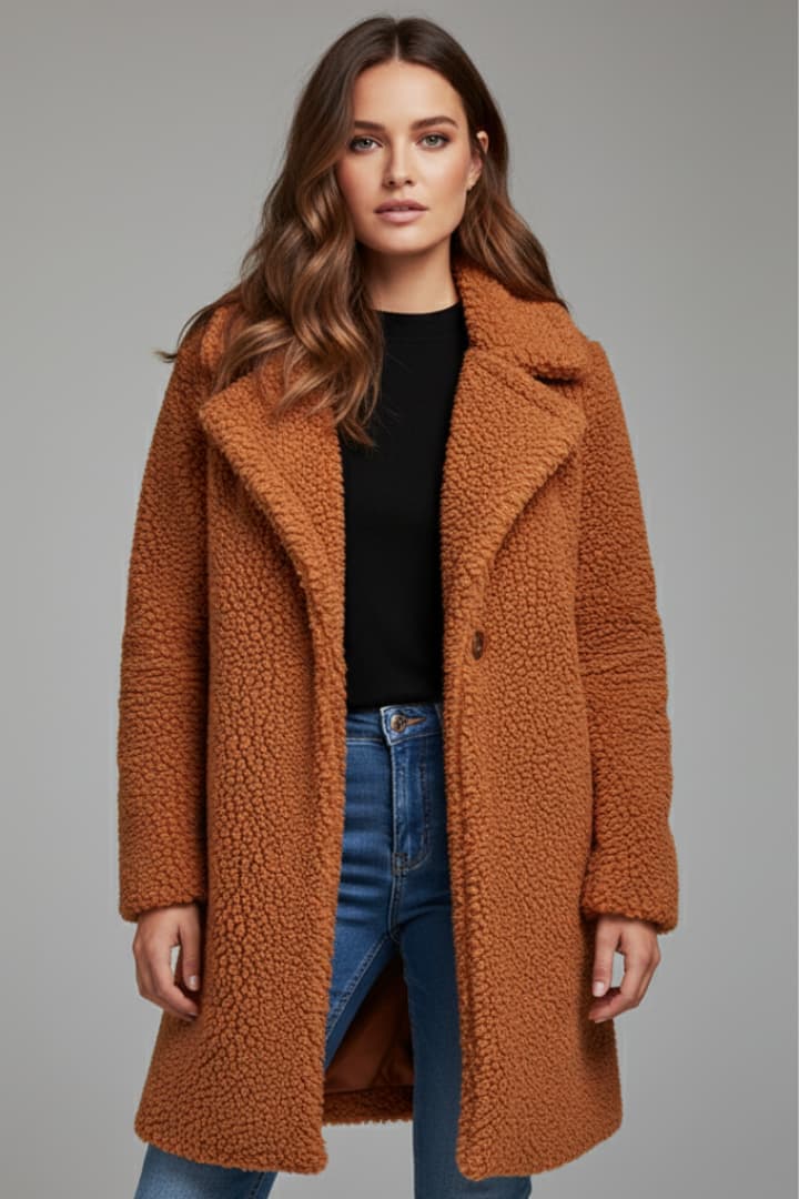 Women’s Long Coat with Lapel Collar and Textured Finish