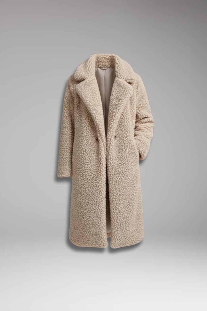 Women’s Long Coat with Lapel Collar and Textured Finish