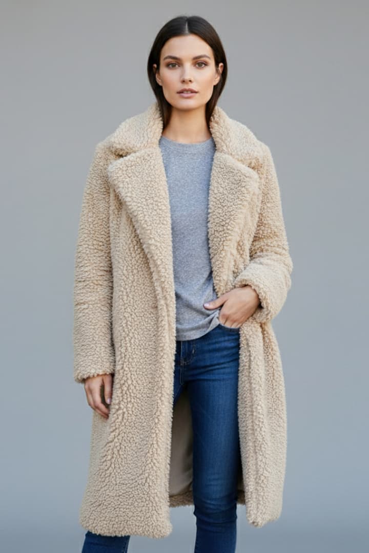 Women’s Long Coat with Lapel Collar and Textured Finish