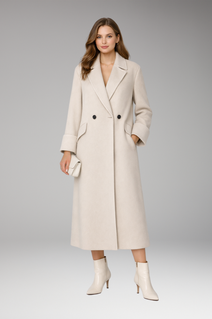 Women’s Long Coat with Notched Collar and Button Closure