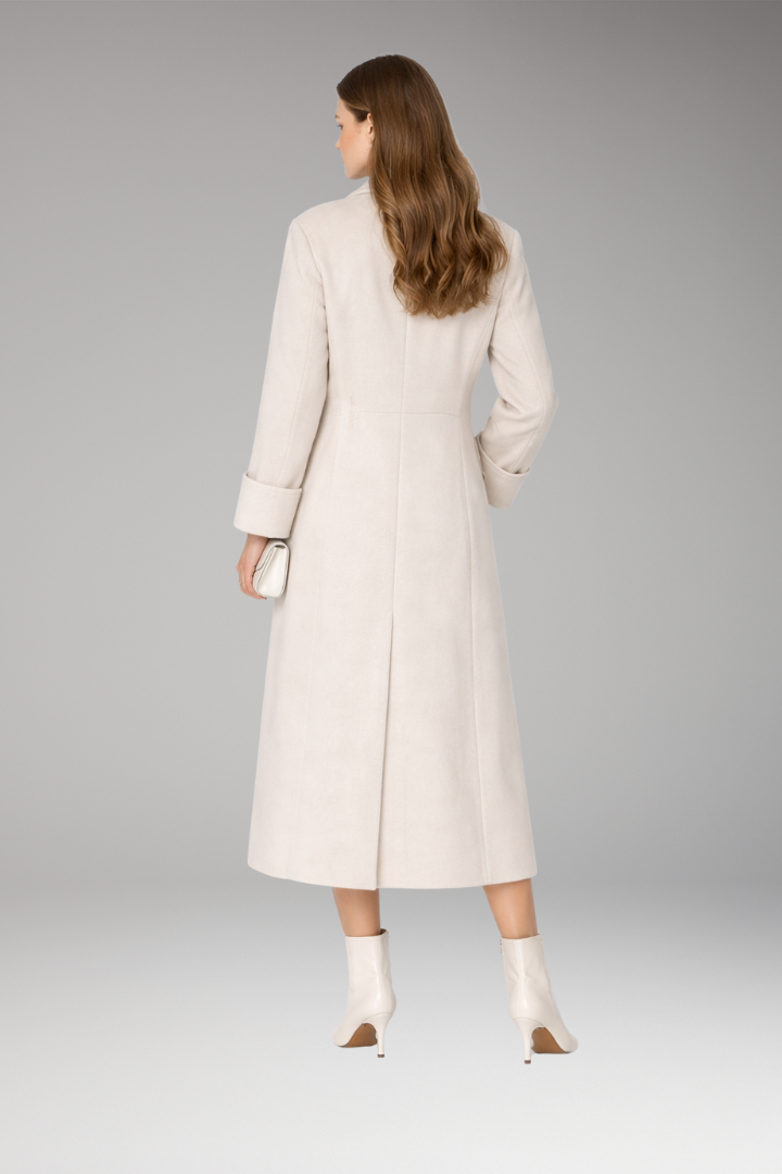 Women’s Long Coat with Notched Collar and Button Closure