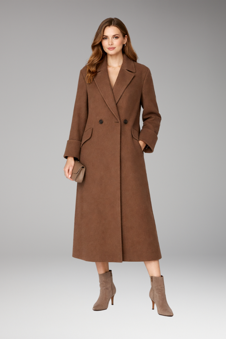 Women’s Long Coat with Notched Collar and Button Closure