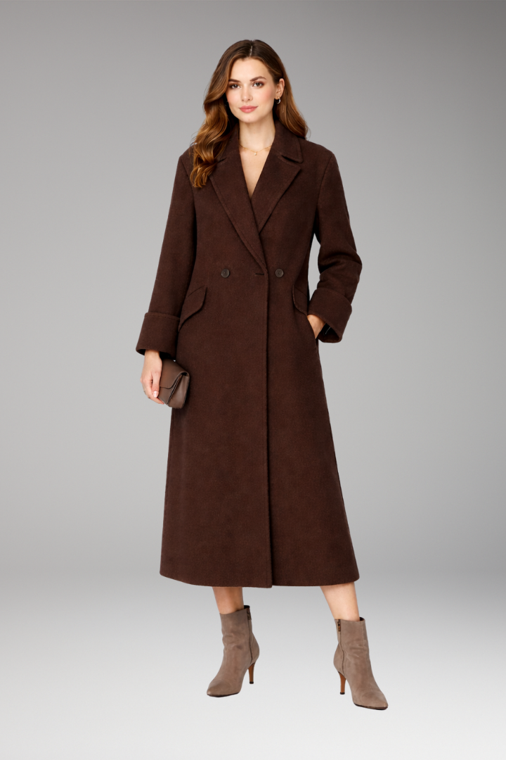 Women’s Long Coat with Notched Collar and Button Closure