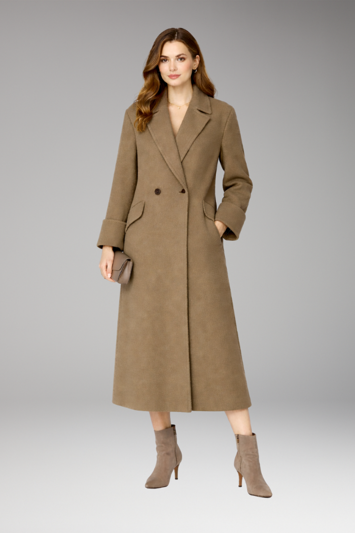 Women’s Long Coat with Notched Collar and Button Closure