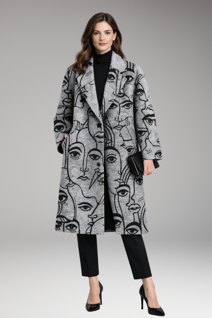 Women’s Long Coat with Notched Collar and Side Pockets