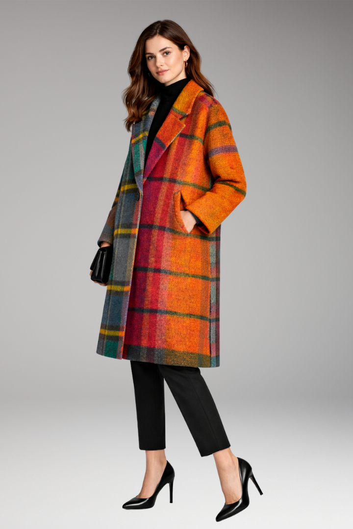 Women’s Long Coat with Notched Collar and Side Pockets