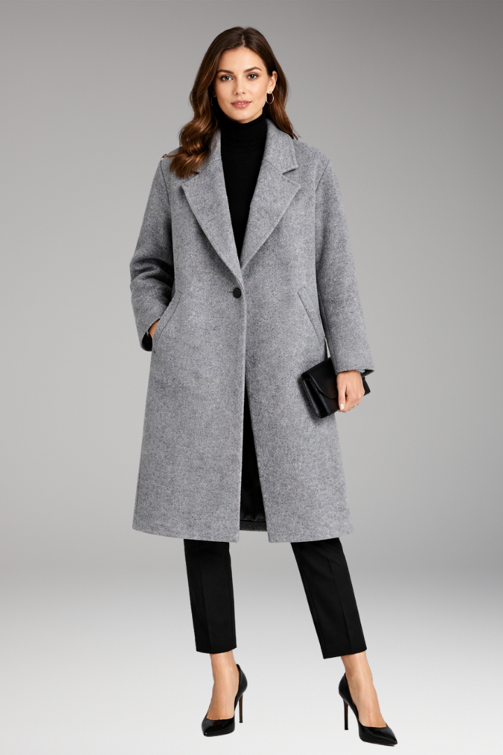 Women’s Long Coat with Notched Collar and Side Pockets