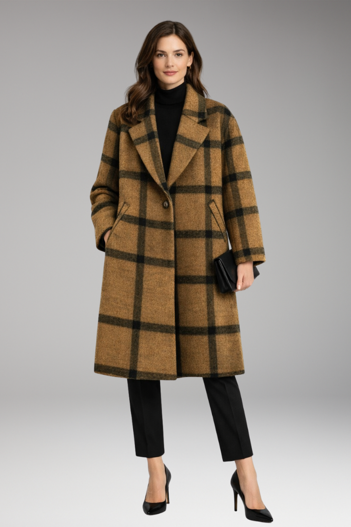 Women’s Long Coat with Notched Collar and Side Pockets