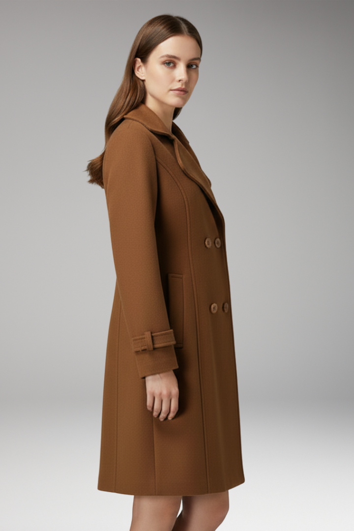 Women’s Long Coat with Turned-Down Collar and Button Closure