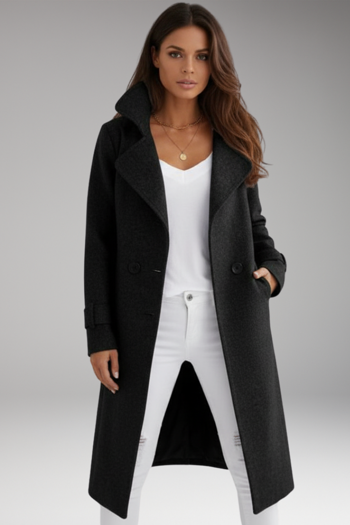 Women’s Long Coat with Turned-Down Collar and Button Closure