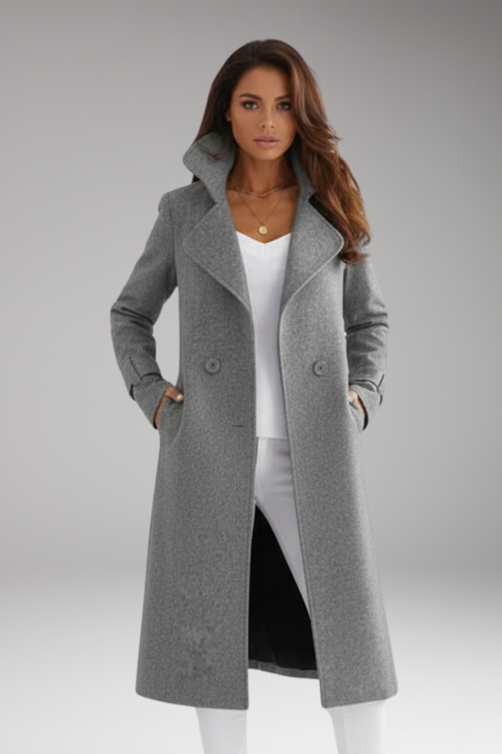 Women’s Long Coat with Turned-Down Collar and Button Closure