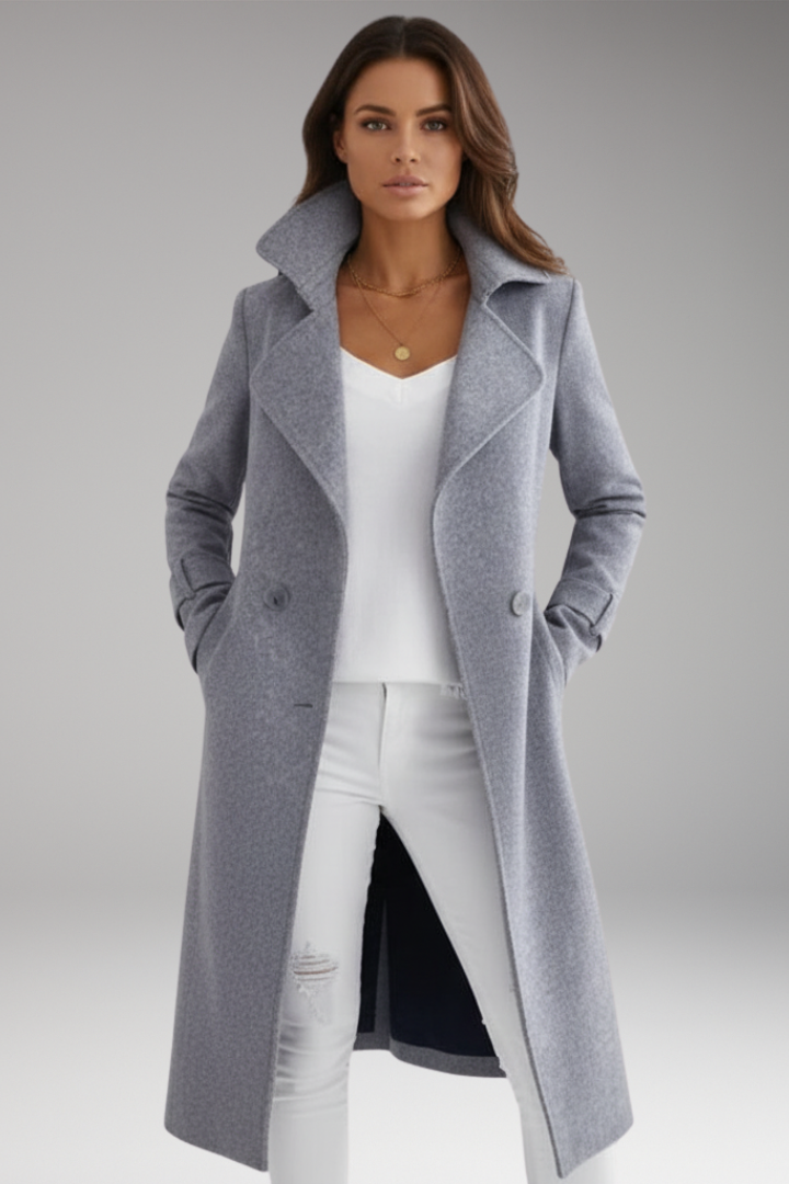 Women’s Long Coat with Turned-Down Collar and Button Closure