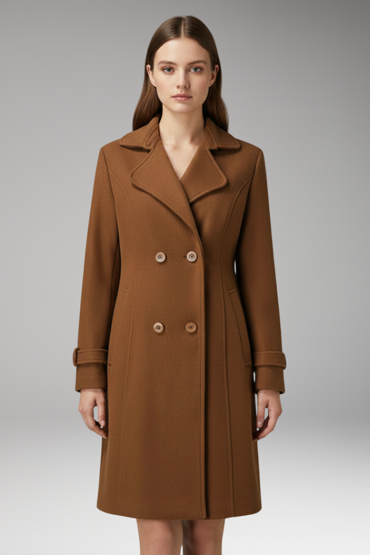 Women’s Long Coat with Turned-Down Collar and Button Closure
