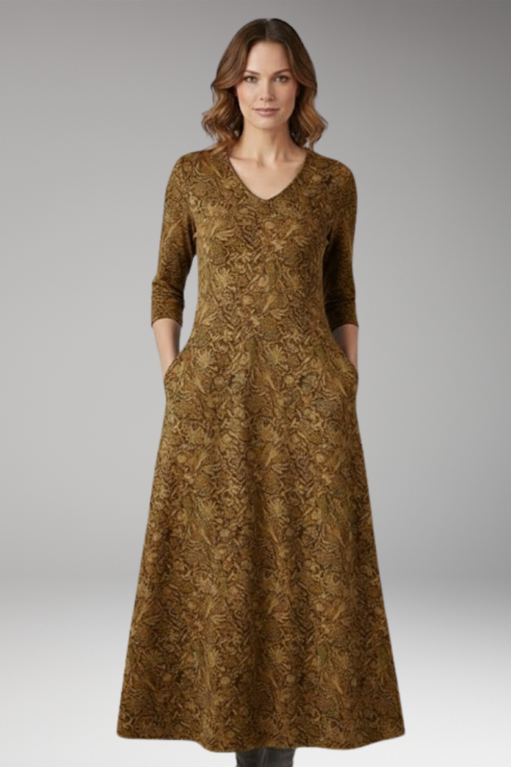 Women's Long Dress with Retro Pattern and High Waist
