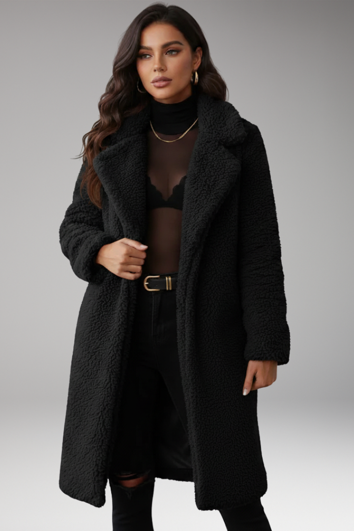 Women’s Long Jacket with Lapels and Textured Surface