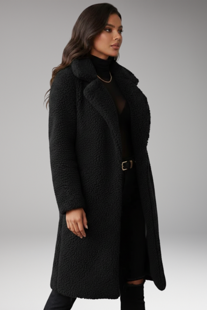 Women’s Long Jacket with Lapels and Textured Surface