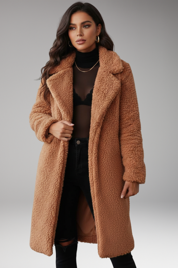 Women’s Long Jacket with Lapels and Textured Surface