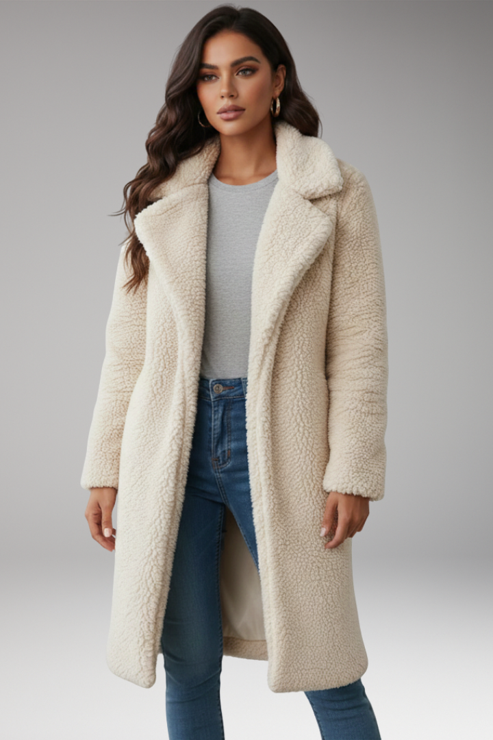 Women’s Long Jacket with Lapels and Textured Surface