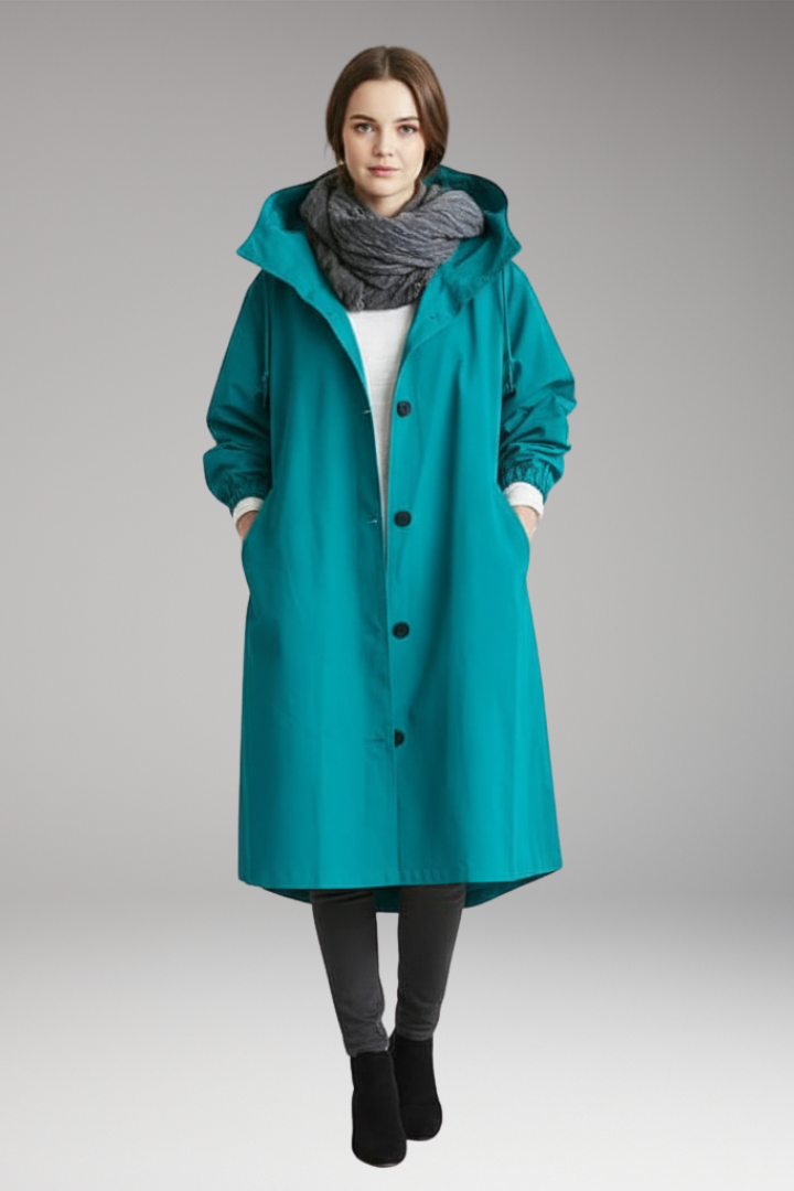 Women’s Long Raincoat with Adjustable Hood and Side Pockets
