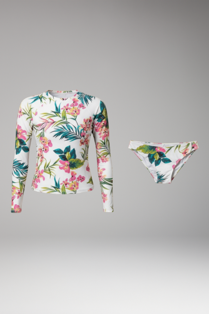 Women’s Long Sleeve Rashguard Bikini Set with Floral Design