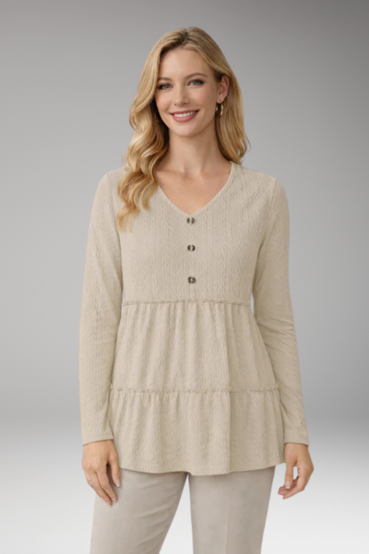 Women's Long Sleeve Shirt with V-Neck and Button Details