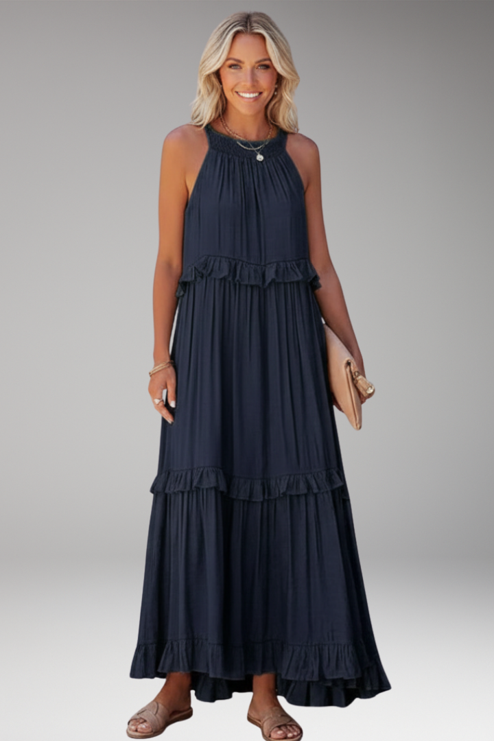 Women's Maxi Dress with Halter Neck and Tiered Ruffles