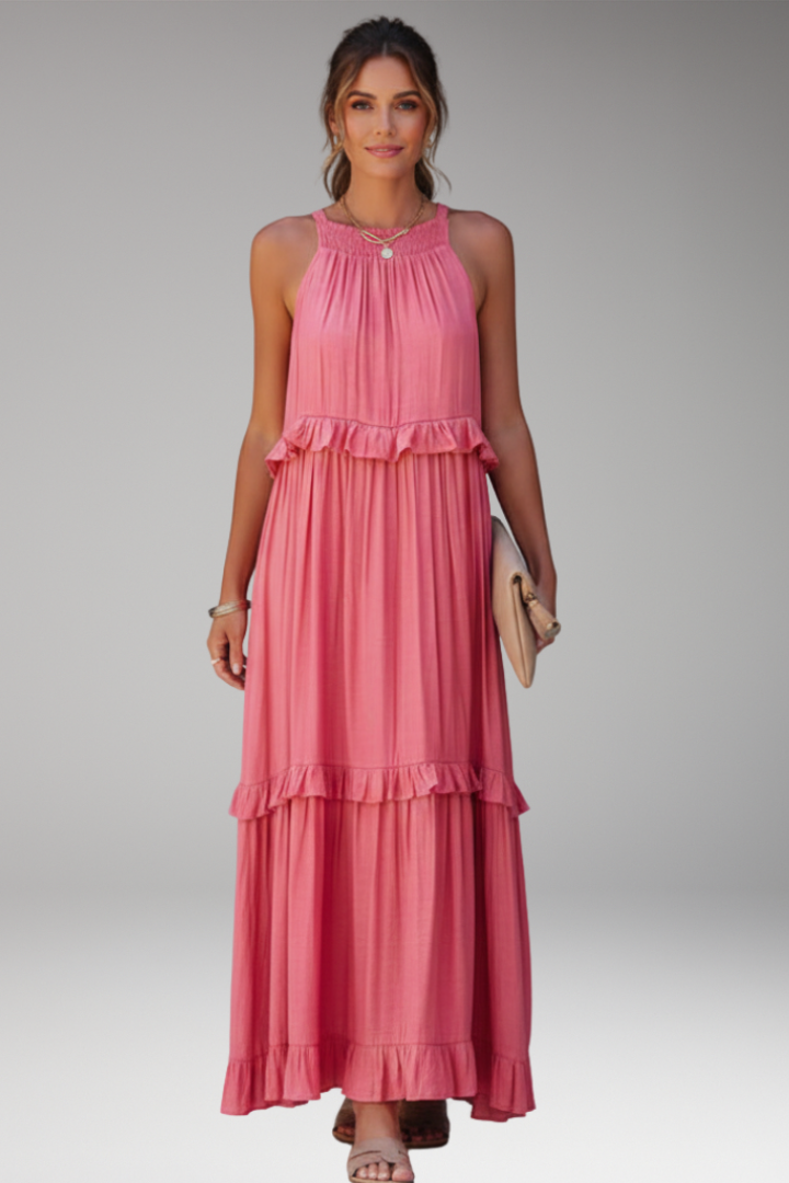 Women's Maxi Dress with Halter Neck and Tiered Ruffles