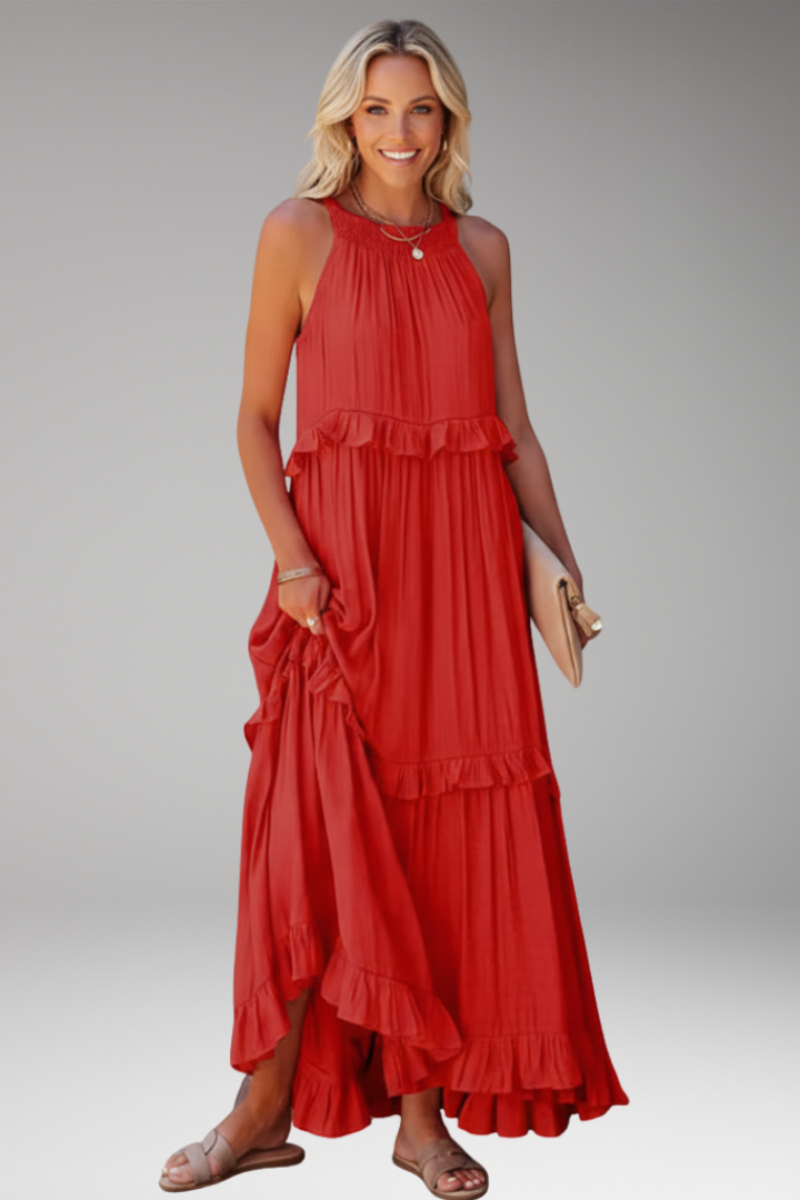 Women's Maxi Dress with Halter Neck and Tiered Ruffles