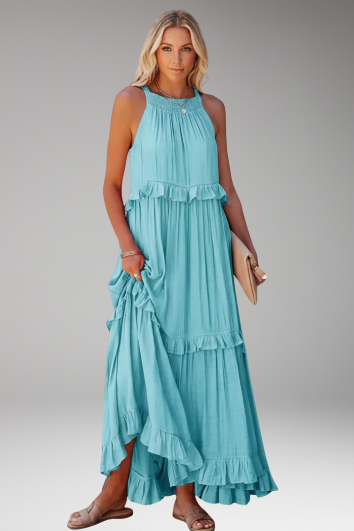 Women's Maxi Dress with Halter Neck and Tiered Ruffles