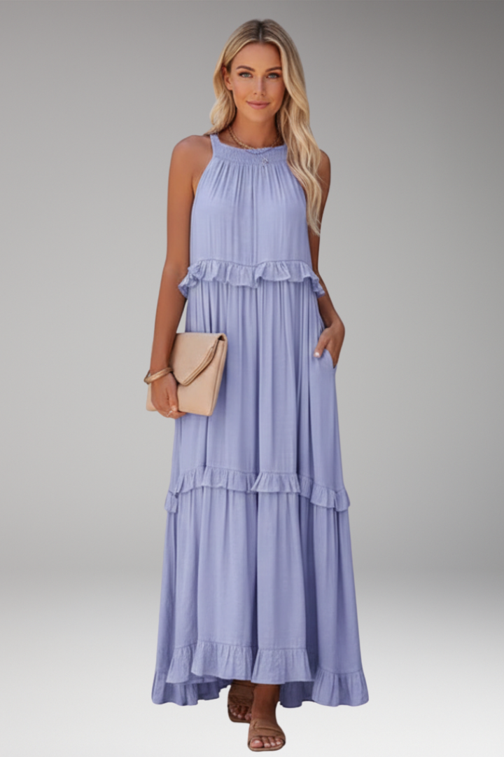 Women's Maxi Dress with Halter Neck and Tiered Ruffles