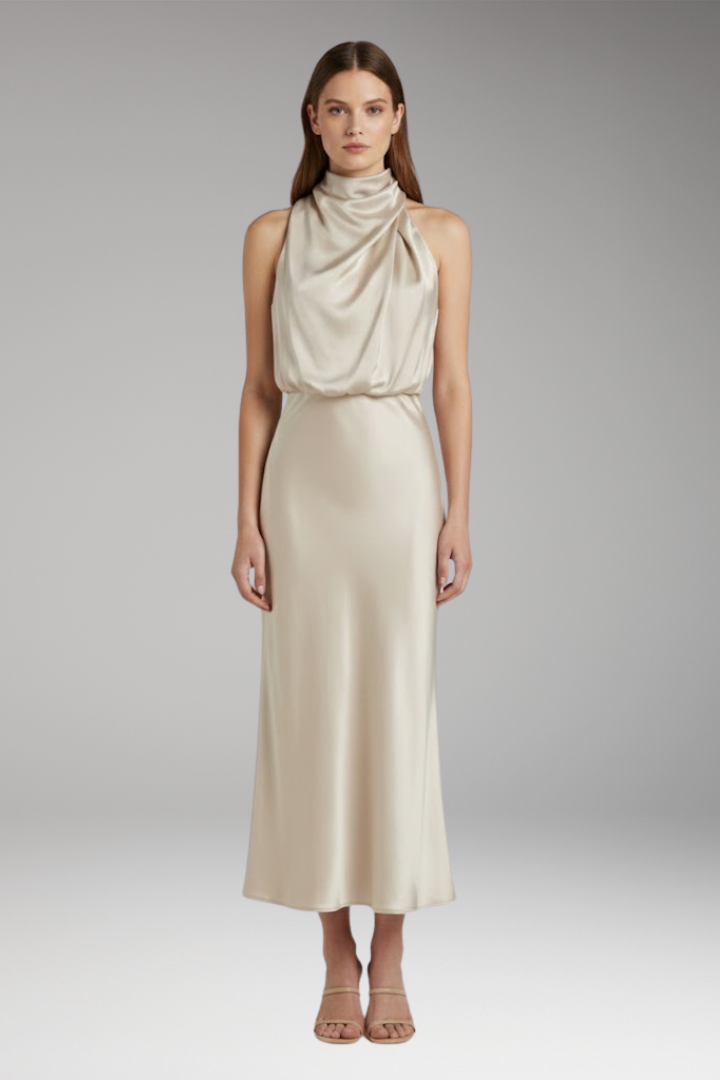 Women’s Maxi Dress with High Neckline and Flowing Cut