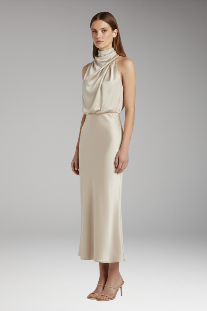Women’s Maxi Dress with High Neckline and Flowing Cut