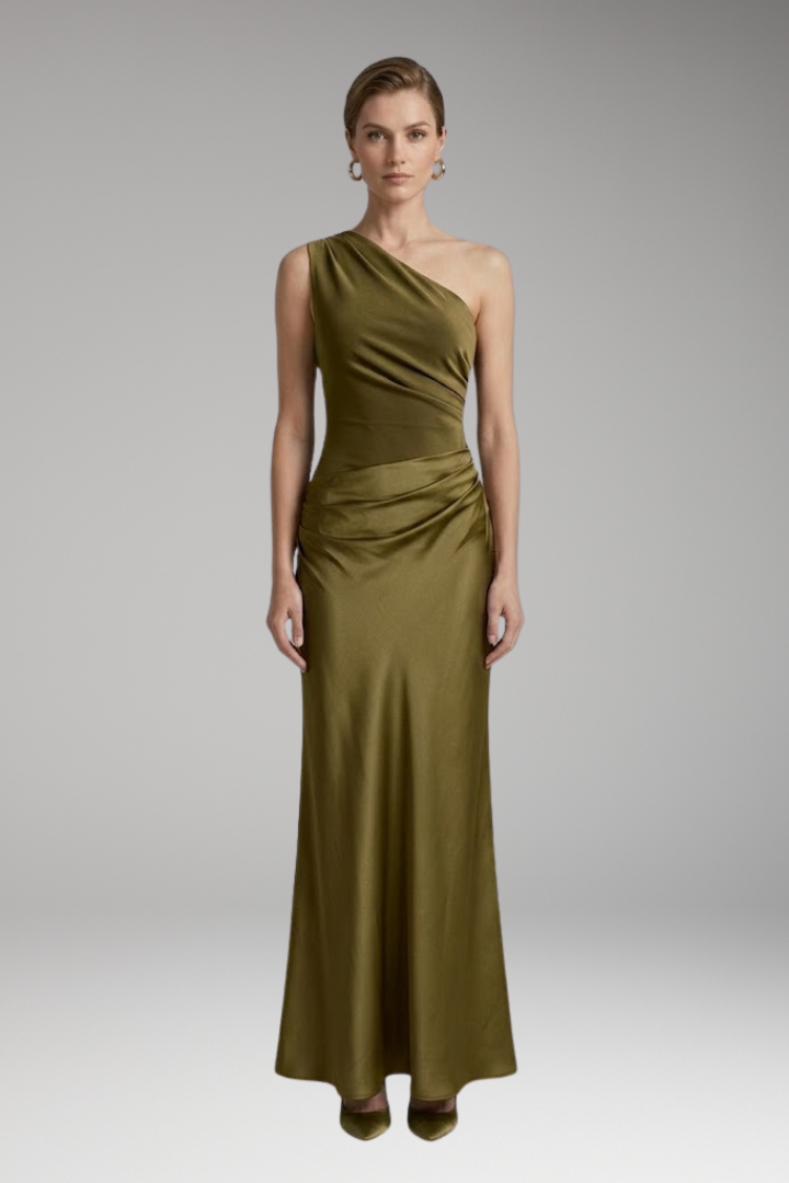 Women’s Maxi Dress with One-Shoulder and Pleated Design