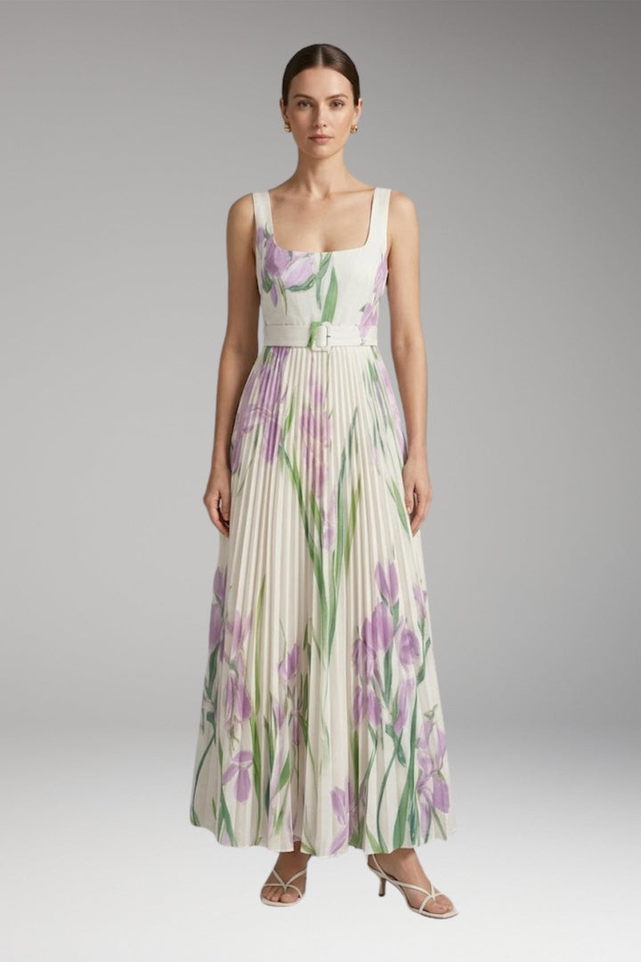 Women’s Maxi Dress with Square Neck and Pleated Skirt