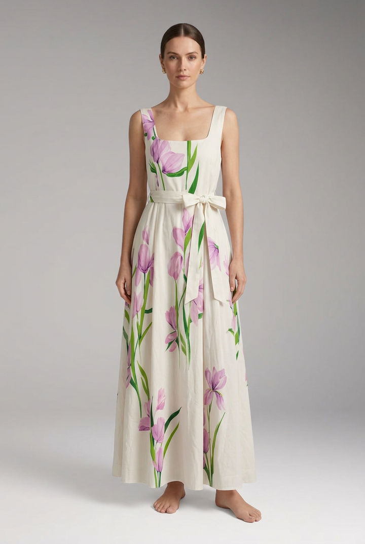 Women’s Maxi Dress with Square Neck and Pleated Skirt