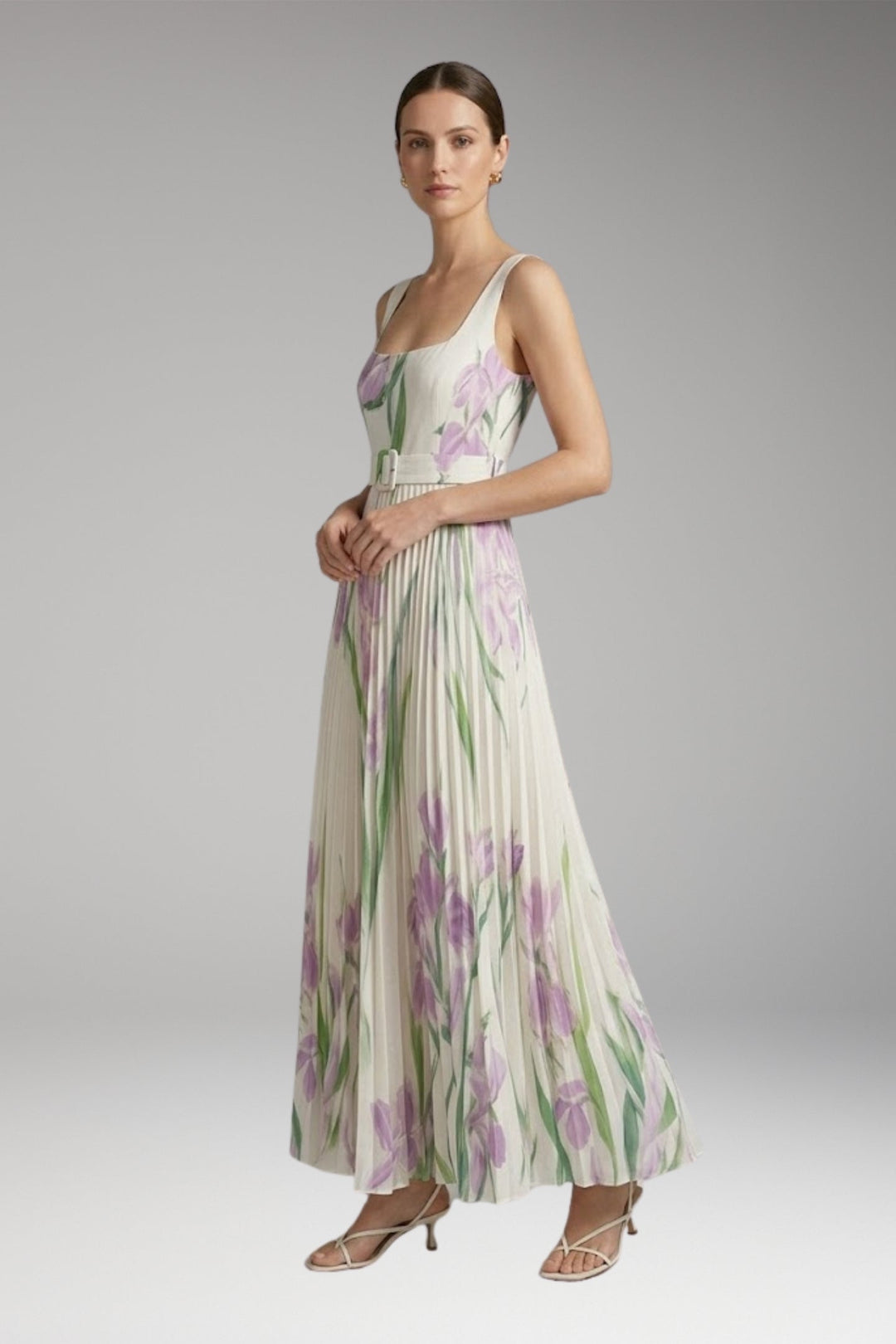 Women’s Maxi Dress with Square Neck and Pleated Skirt