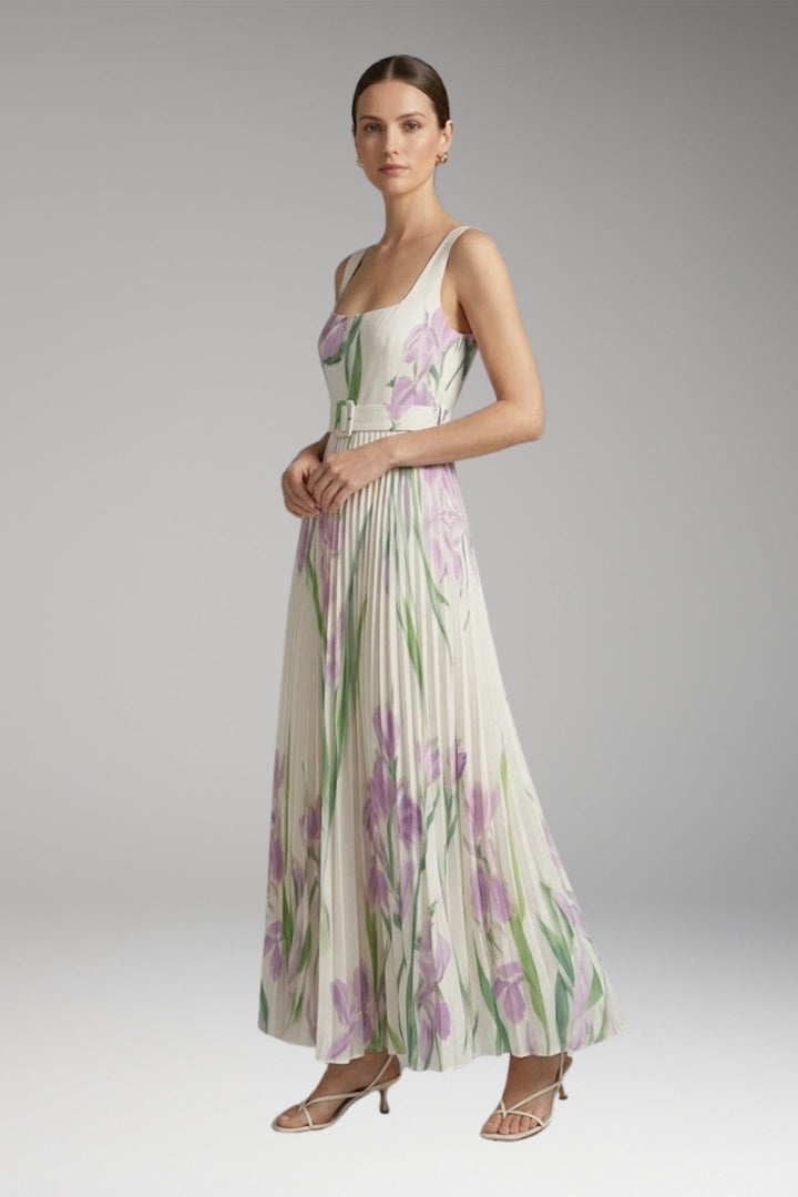 Women’s Maxi Dress with Square Neck and Pleated Skirt