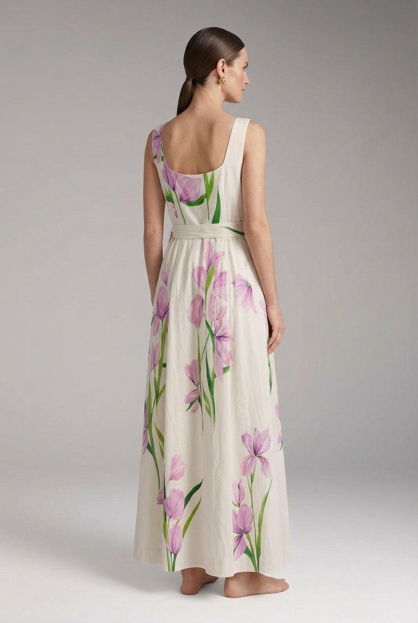 Women’s Maxi Dress with Square Neck and Pleated Skirt