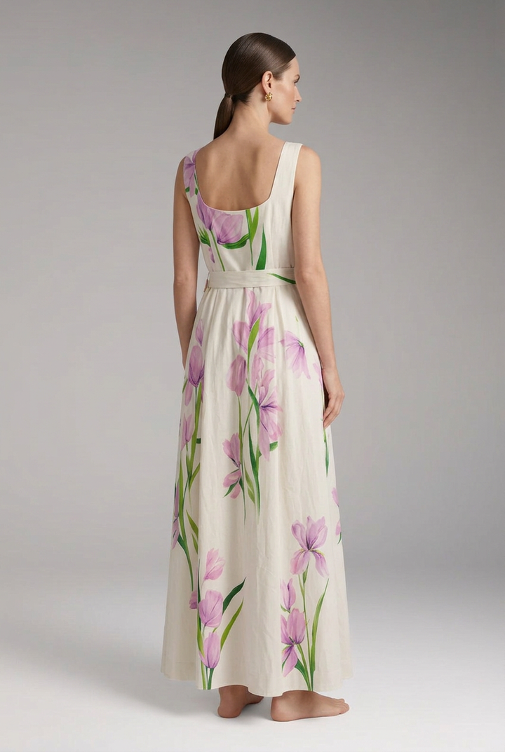 Women’s Maxi Dress with Square Neck and Pleated Skirt