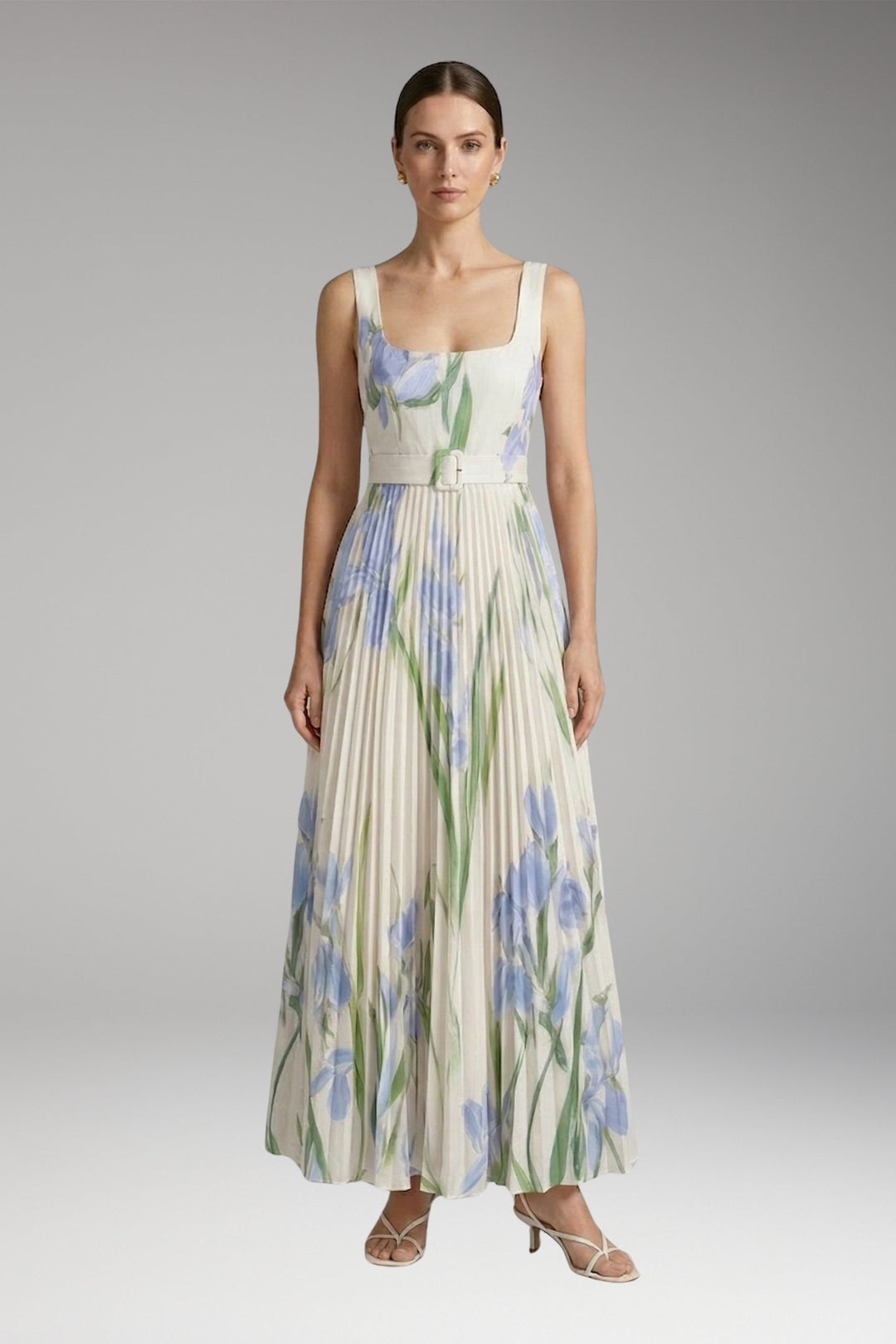 Women’s Maxi Dress with Square Neck and Pleated Skirt