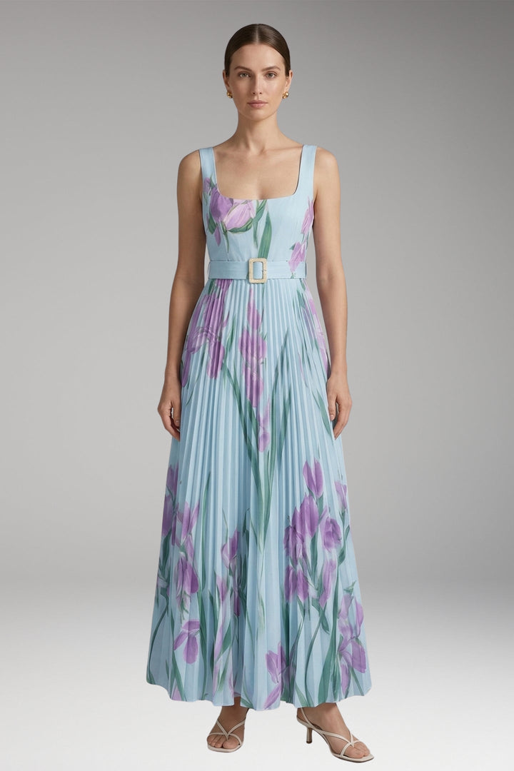 Women’s Maxi Dress with Square Neck and Pleated Skirt