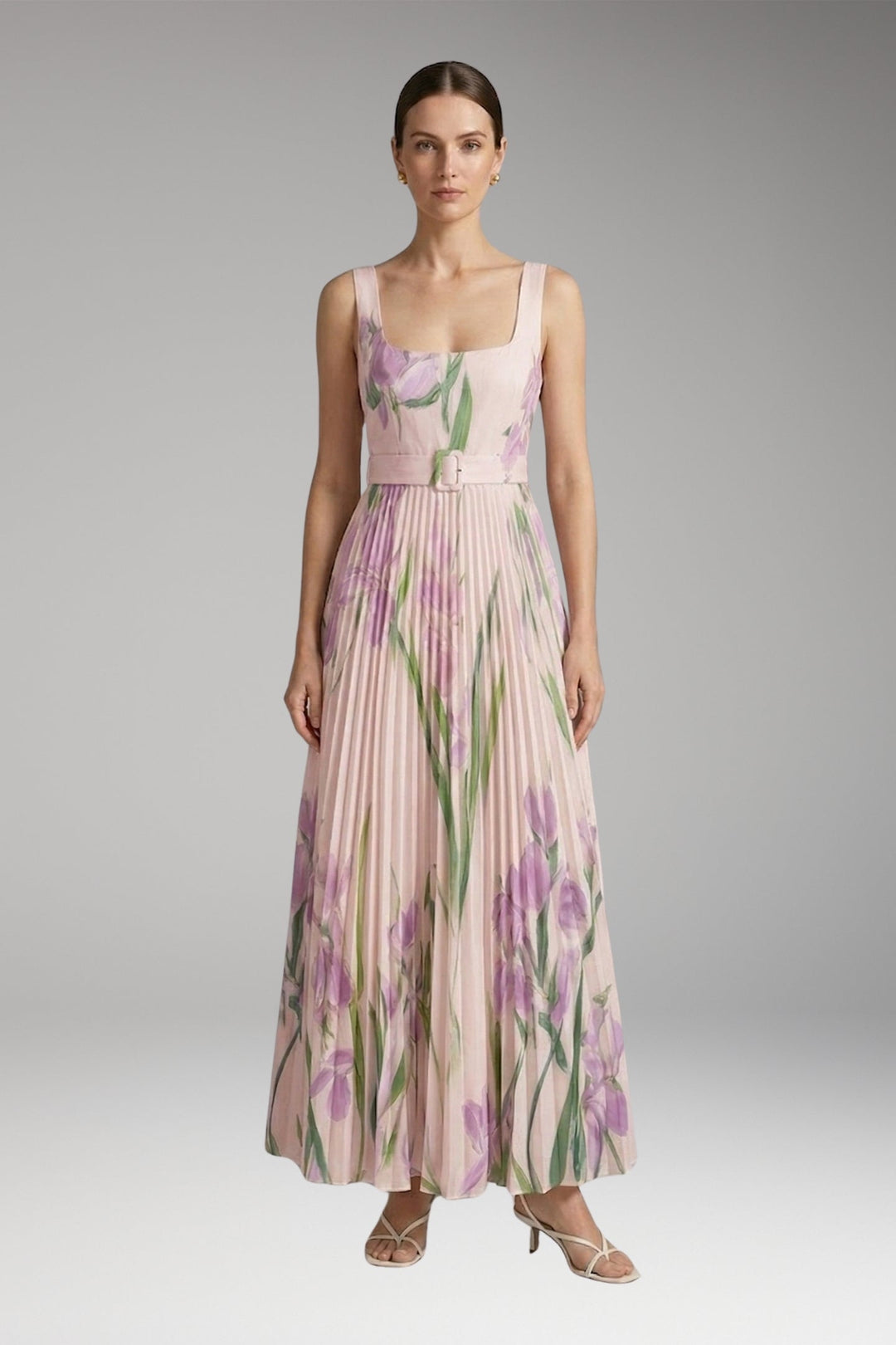 Women’s Maxi Dress with Square Neck and Pleated Skirt