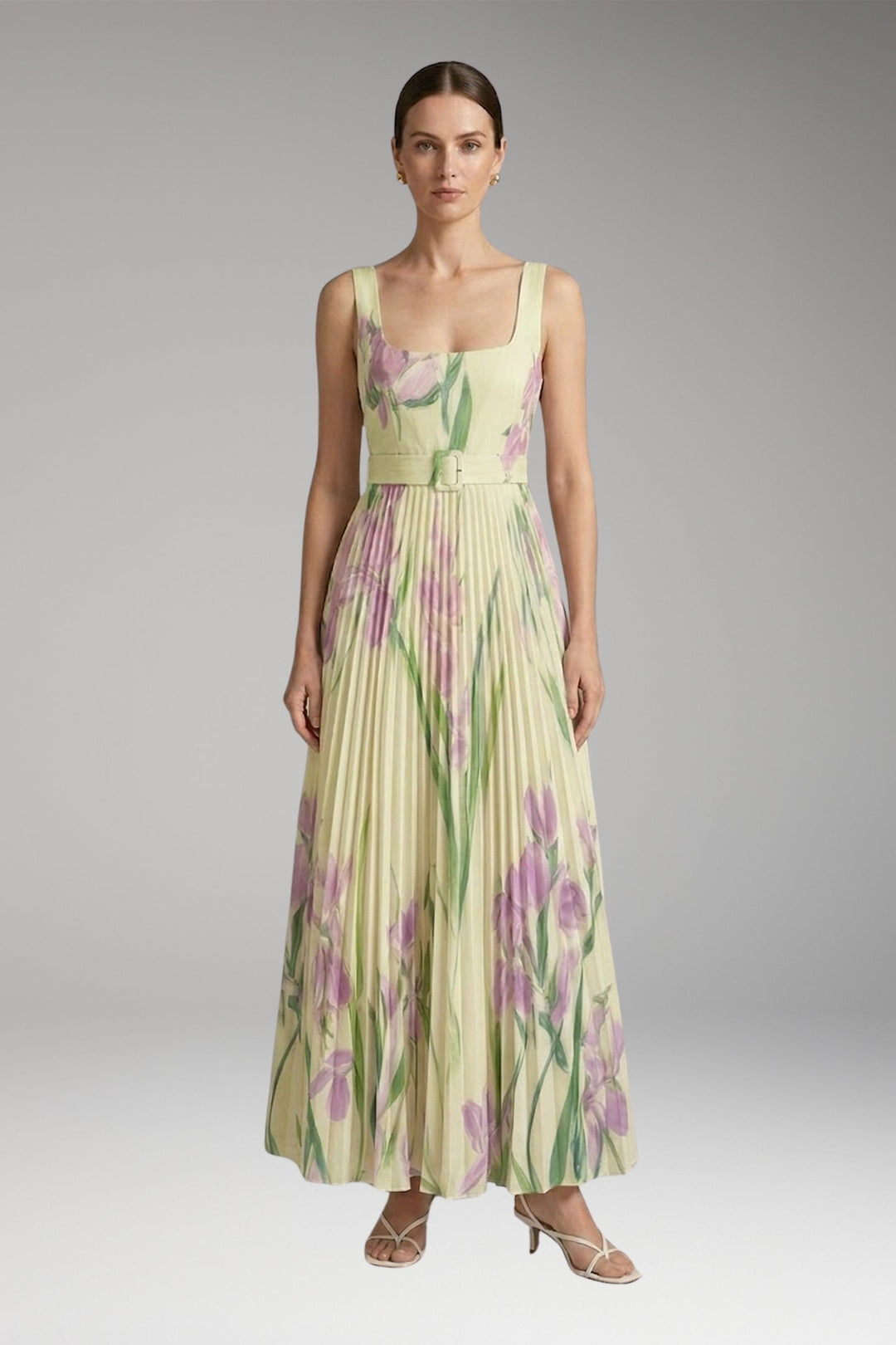 Women’s Maxi Dress with Square Neck and Pleated Skirt