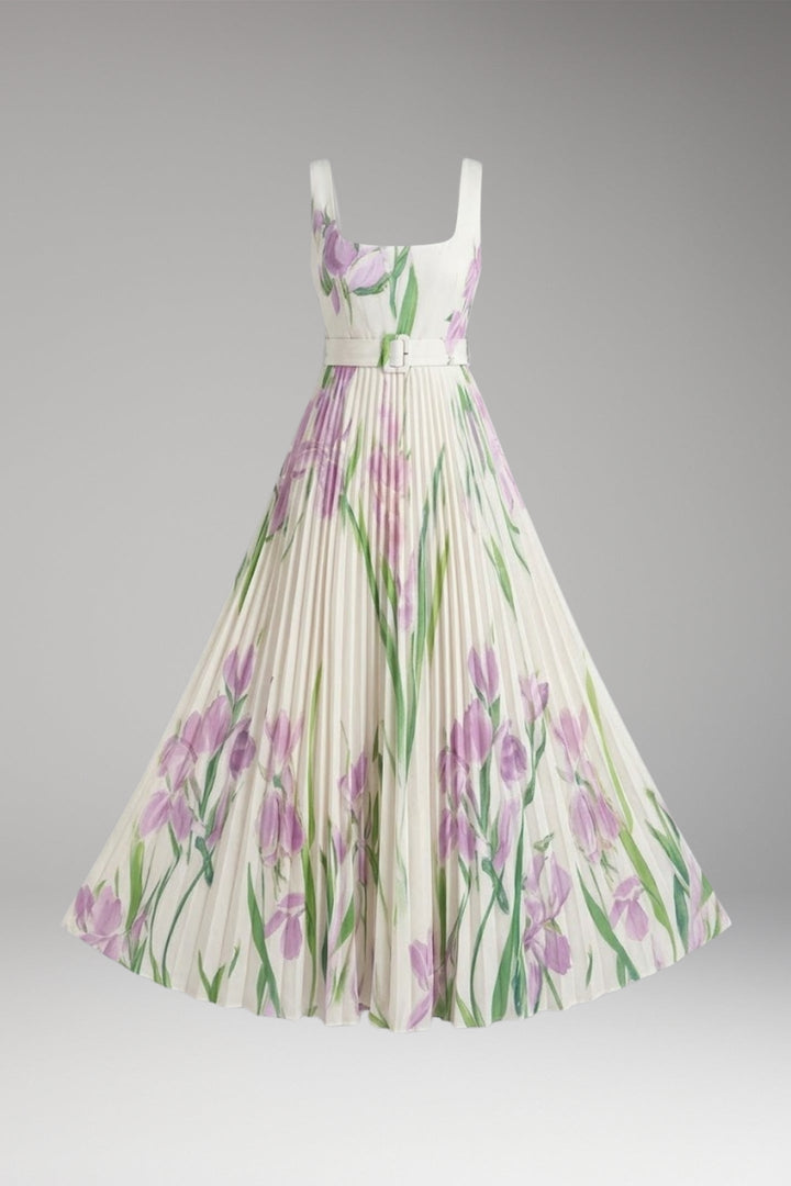 Women’s Maxi Dress with Square Neck and Pleated Skirt