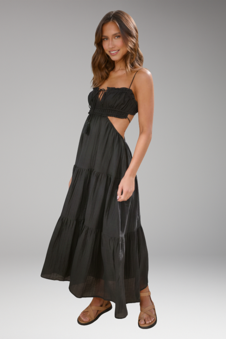 Women's Maxi Dress with Strap Ties and Tiered Skirt