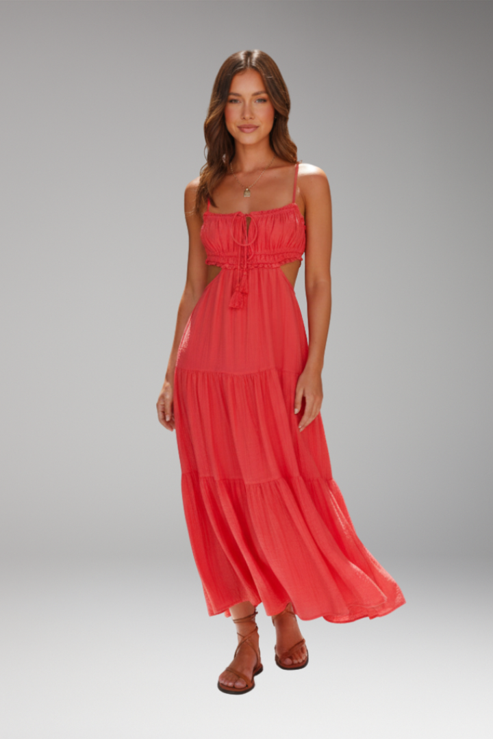 Women's Maxi Dress with Strap Ties and Tiered Skirt