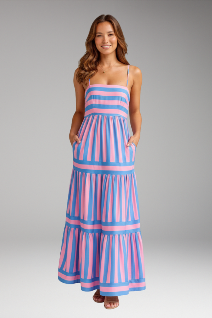 Women's Maxi Dress with Straps and Stripe Pattern