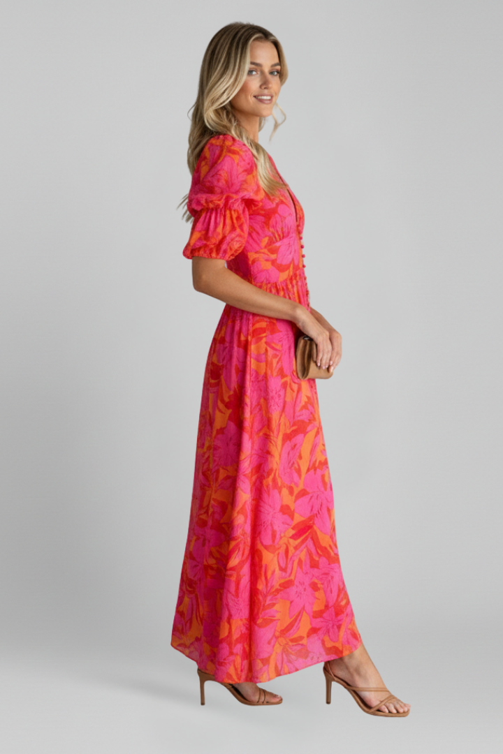 Women’s Maxi Dress with V-Neck and Puff Sleeves