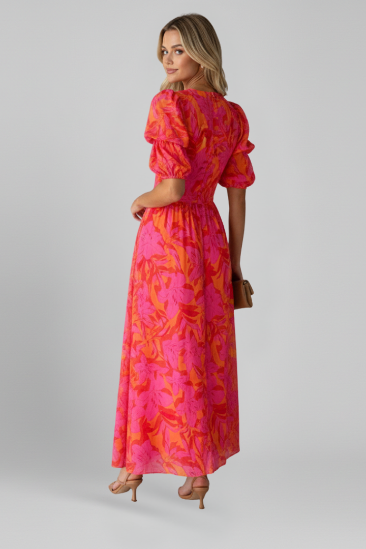 Women’s Maxi Dress with V-Neck and Puff Sleeves